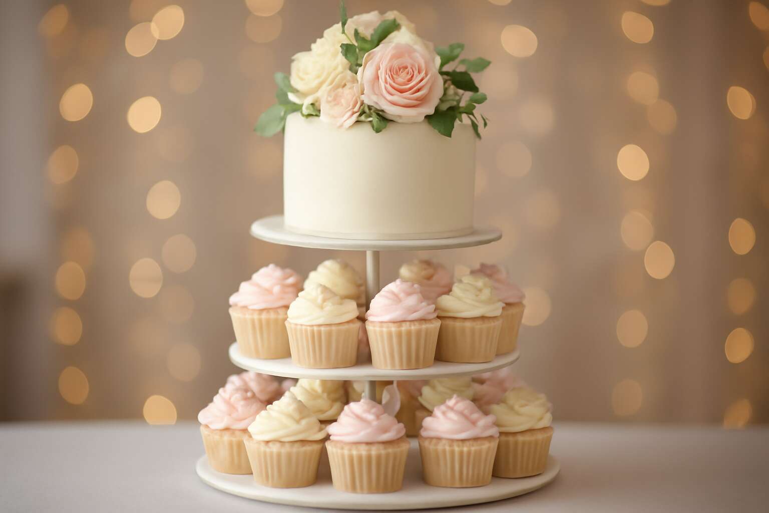 wedding cake and cupcake tower