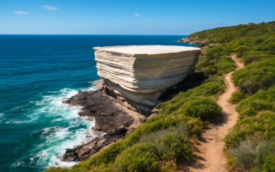 A dreamy coastal vow: wedding cake rock walk for a fairy-tale reception.