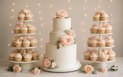 Romantic Fusion: wedding cake with cupcakes for a chic, sweet reception